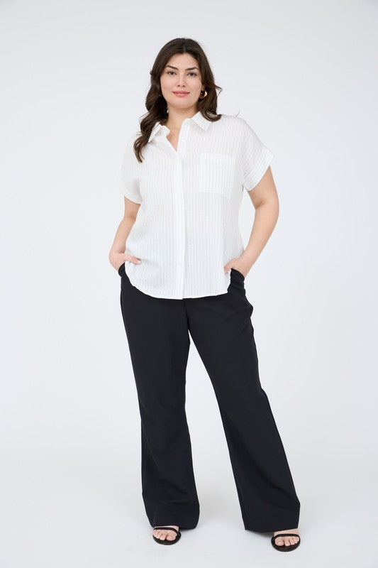 Plus Pinstripe Short Sleeve Collared Shirt