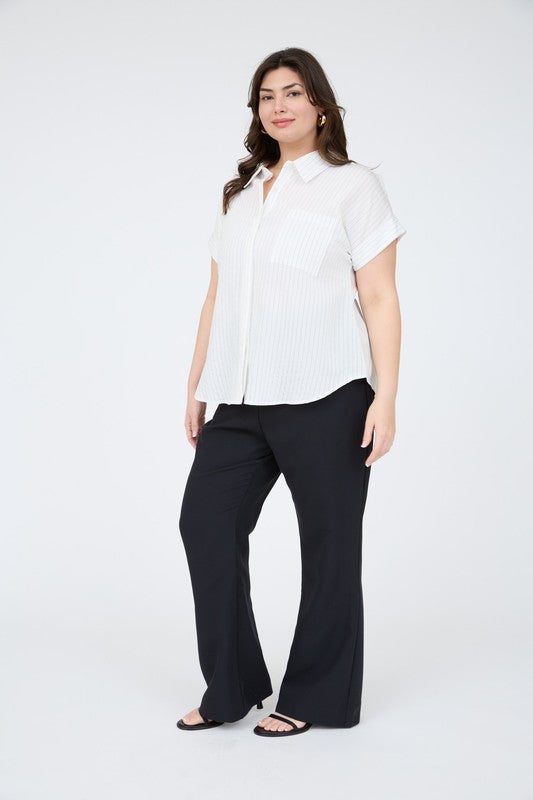 Plus Pinstripe Short Sleeve Collared Shirt