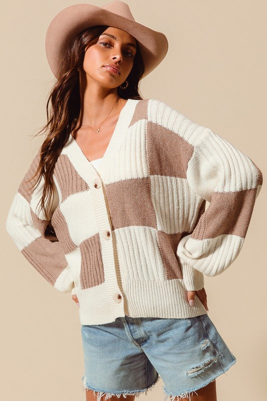Checkered Button Front Textured Sweater Cardigan