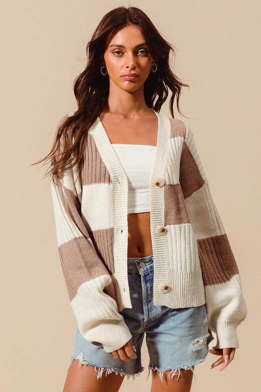 Checkered Button Front Textured Sweater Cardigan
