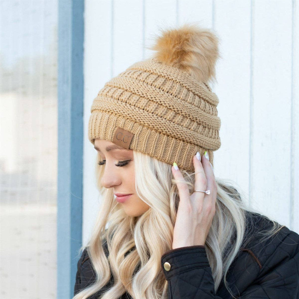 C.C Cable Knit Faux Fur Pom Beanie