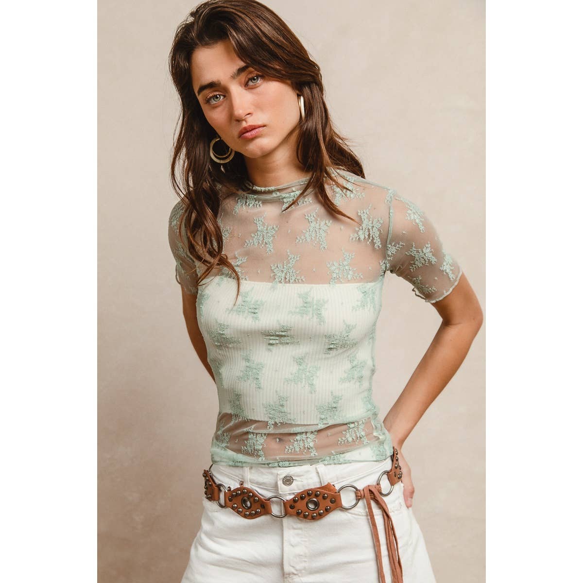 HIGH NECKLINE MESH LACE SHORT SLEEVES TOP: OFF WHITE / L