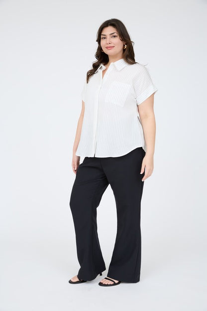Plus Pinstripe Short Sleeve Collared Shirt
