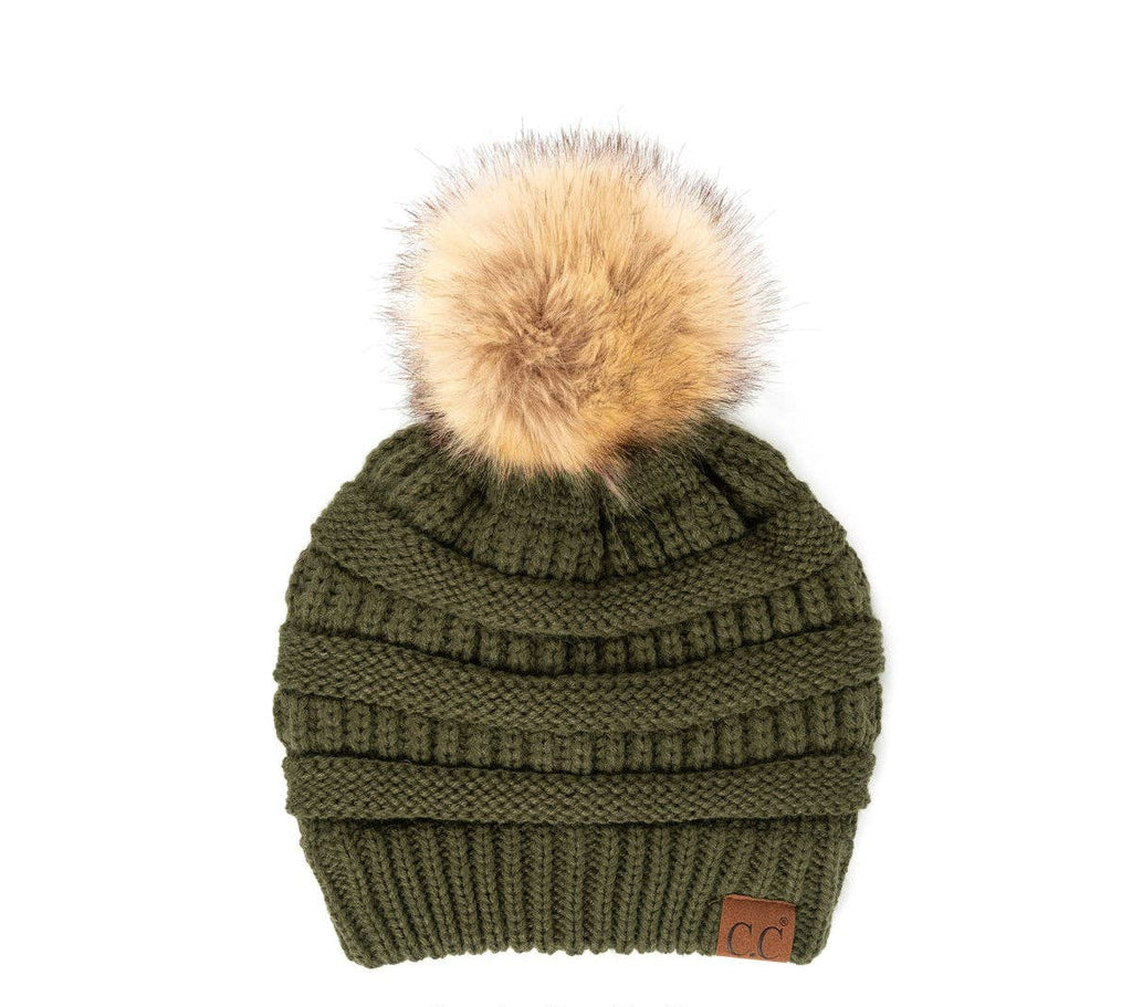 C.C Cable Knit Faux Fur Pom Beanie