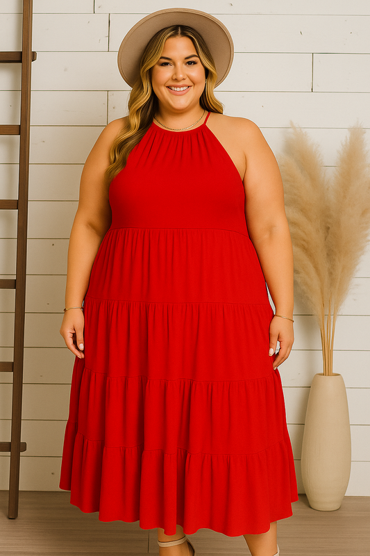 The Samara Solid Tiered Halter Midi Dress
