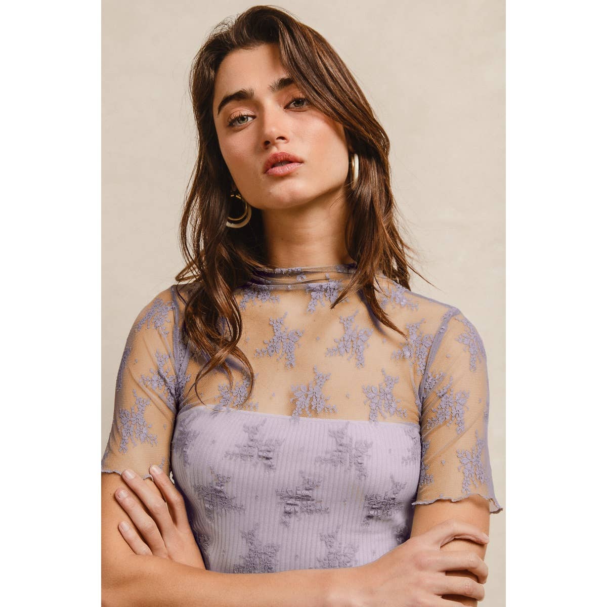 HIGH NECKLINE MESH LACE SHORT SLEEVES TOP: OFF WHITE / L