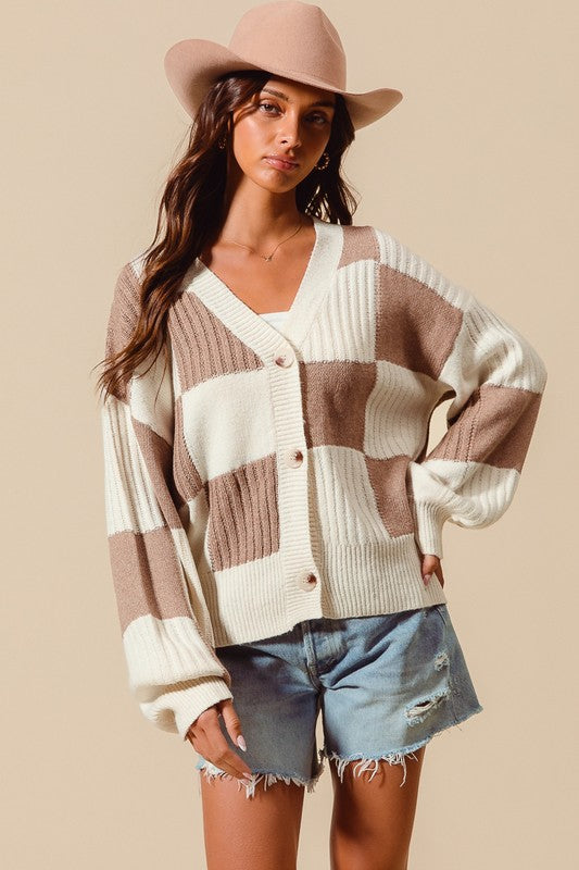 Checkered Button Front Textured Sweater Cardigan