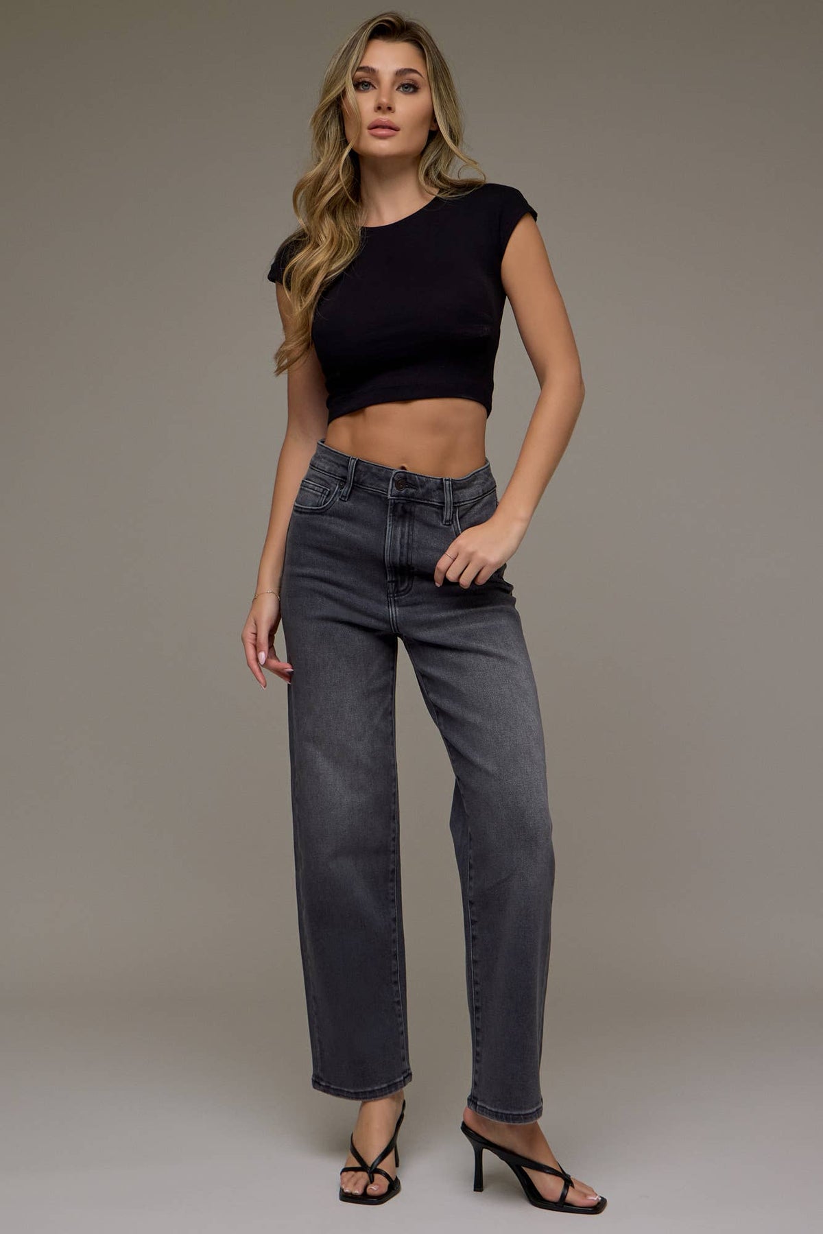 Ella Hidden Jeans | Charcoal High Rise Wide Straight