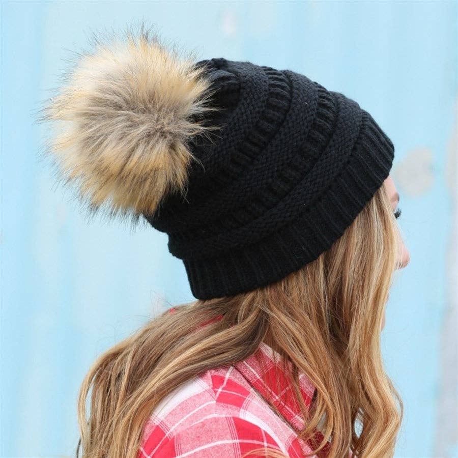 C.C Cable Knit Faux Fur Pom Beanie
