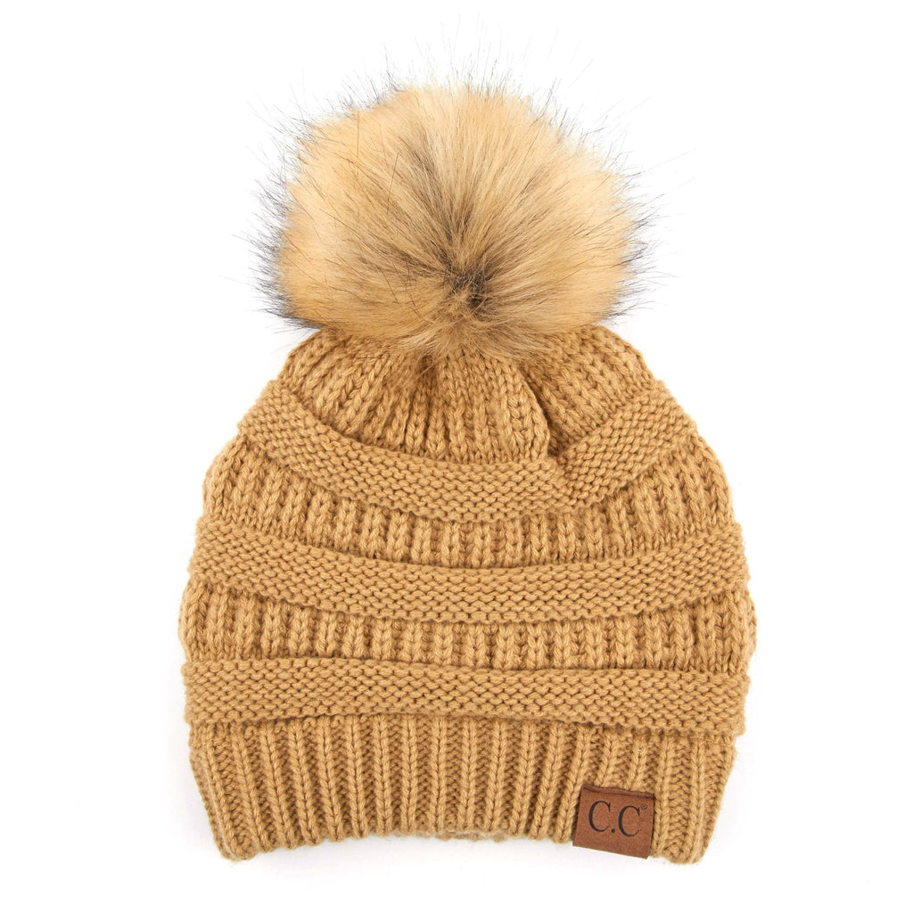 C.C Cable Knit Faux Fur Pom Beanie
