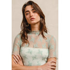 HIGH NECKLINE MESH LACE SHORT SLEEVES TOP: OFF WHITE / L