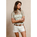 HIGH NECKLINE MESH LACE SHORT SLEEVES TOP: OFF WHITE / L