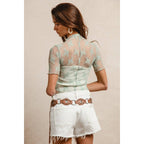 HIGH NECKLINE MESH LACE SHORT SLEEVES TOP: OFF WHITE / L
