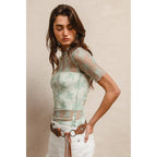HIGH NECKLINE MESH LACE SHORT SLEEVES TOP: OFF WHITE / L