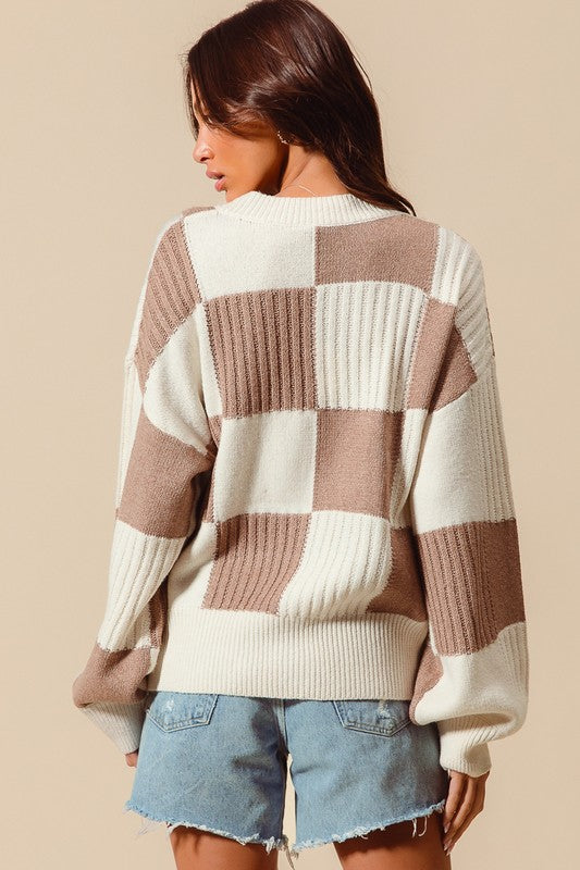 Checkered Button Front Textured Sweater Cardigan