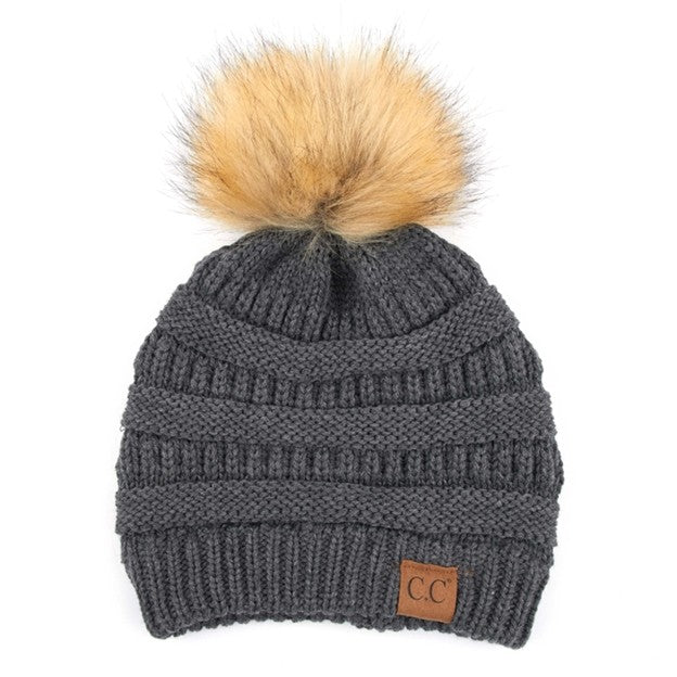 C.C Cable Knit Faux Fur Pom Beanie