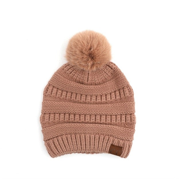 C.C Cable Knit Faux Fur Pom Beanie