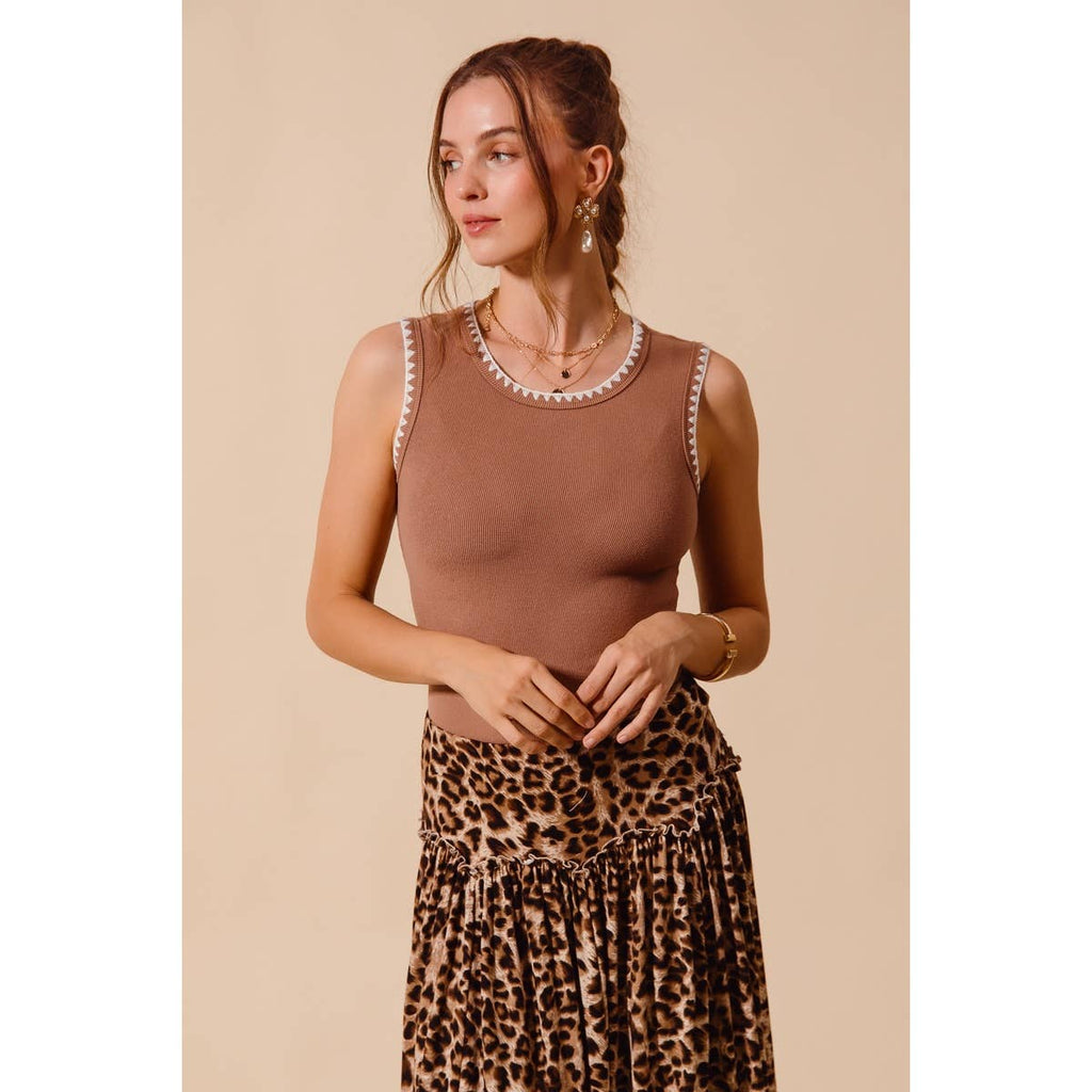Caramel Contrast Stitch Ribbed Tank