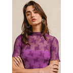 HIGH NECKLINE MESH LACE SHORT SLEEVES TOP: OFF WHITE / L