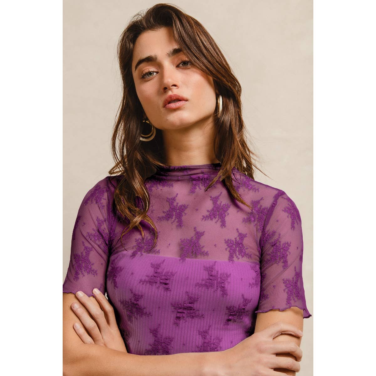 HIGH NECKLINE MESH LACE SHORT SLEEVES TOP: OFF WHITE / L