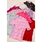 HIGH NECKLINE MESH LACE SHORT SLEEVES TOP: OFF WHITE / L