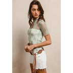 HIGH NECKLINE MESH LACE SHORT SLEEVES TOP: OFF WHITE / L