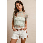 HIGH NECKLINE MESH LACE SHORT SLEEVES TOP: OFF WHITE / L