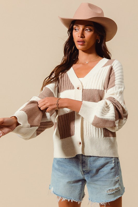 Checkered Button Front Textured Sweater Cardigan