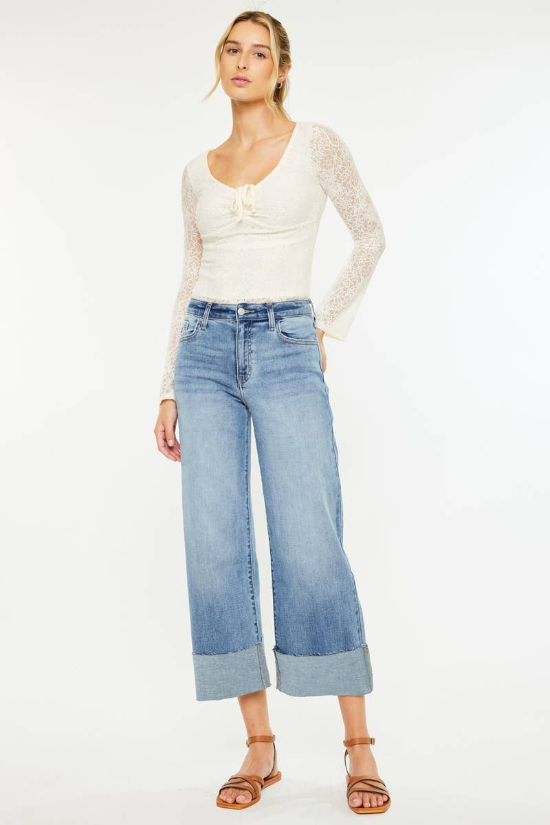 Kan Can Denim | High Rise Crop Medium Wash Wide Leg Jeans