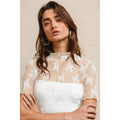 HIGH NECKLINE MESH LACE SHORT SLEEVES TOP: OFF WHITE / L