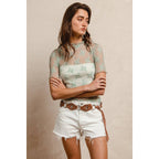 HIGH NECKLINE MESH LACE SHORT SLEEVES TOP: OFF WHITE / L