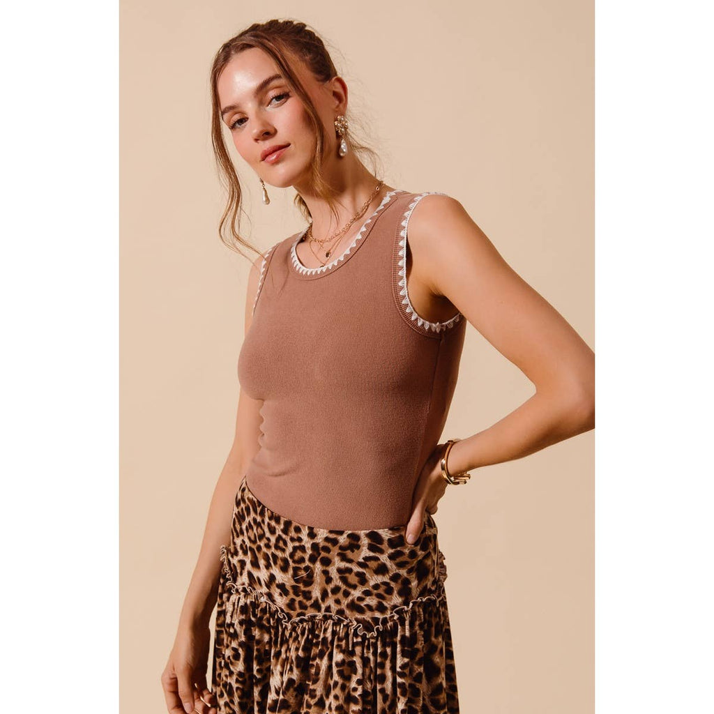 Caramel Contrast Stitch Ribbed Tank