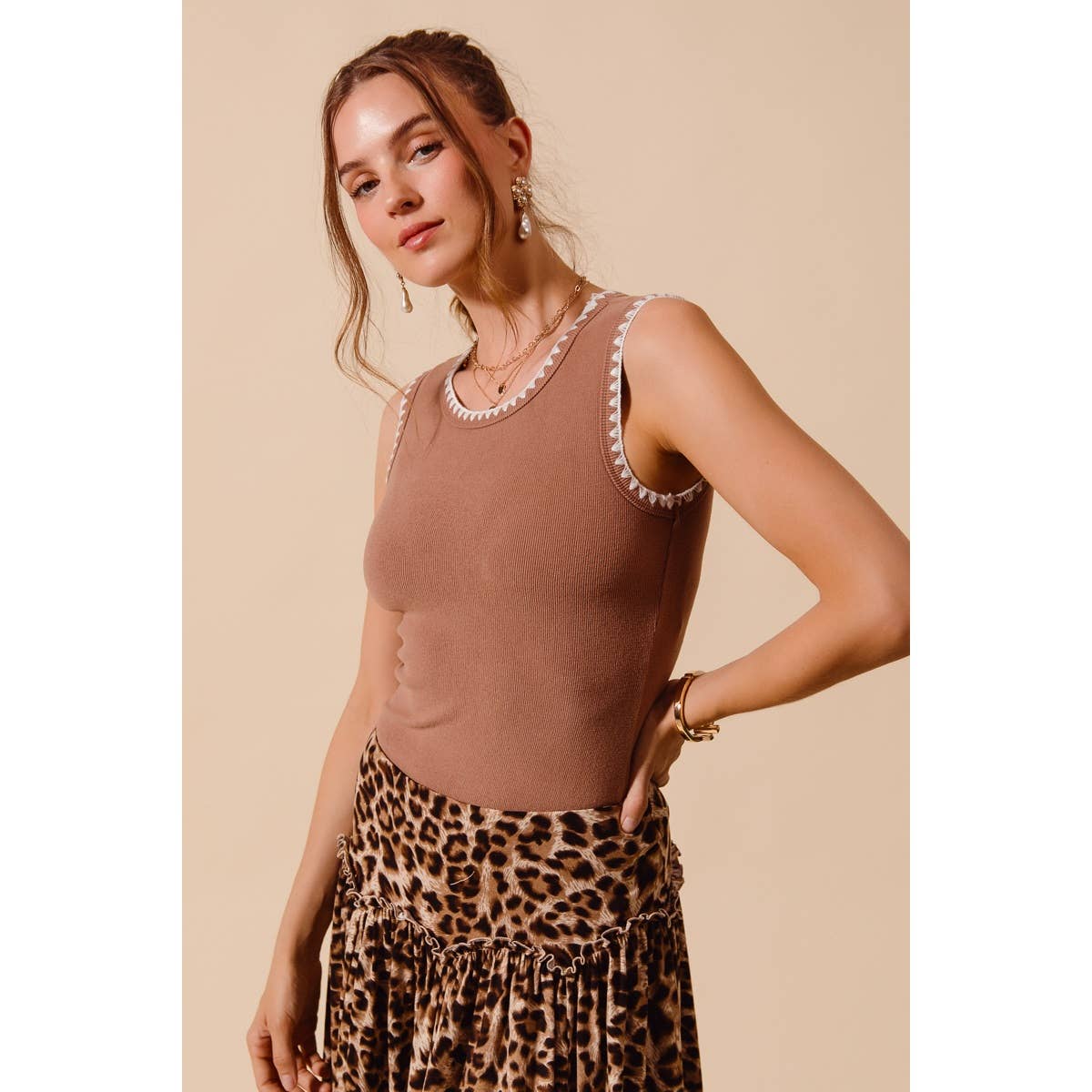 Caramel Contrast Stitch Ribbed Tank