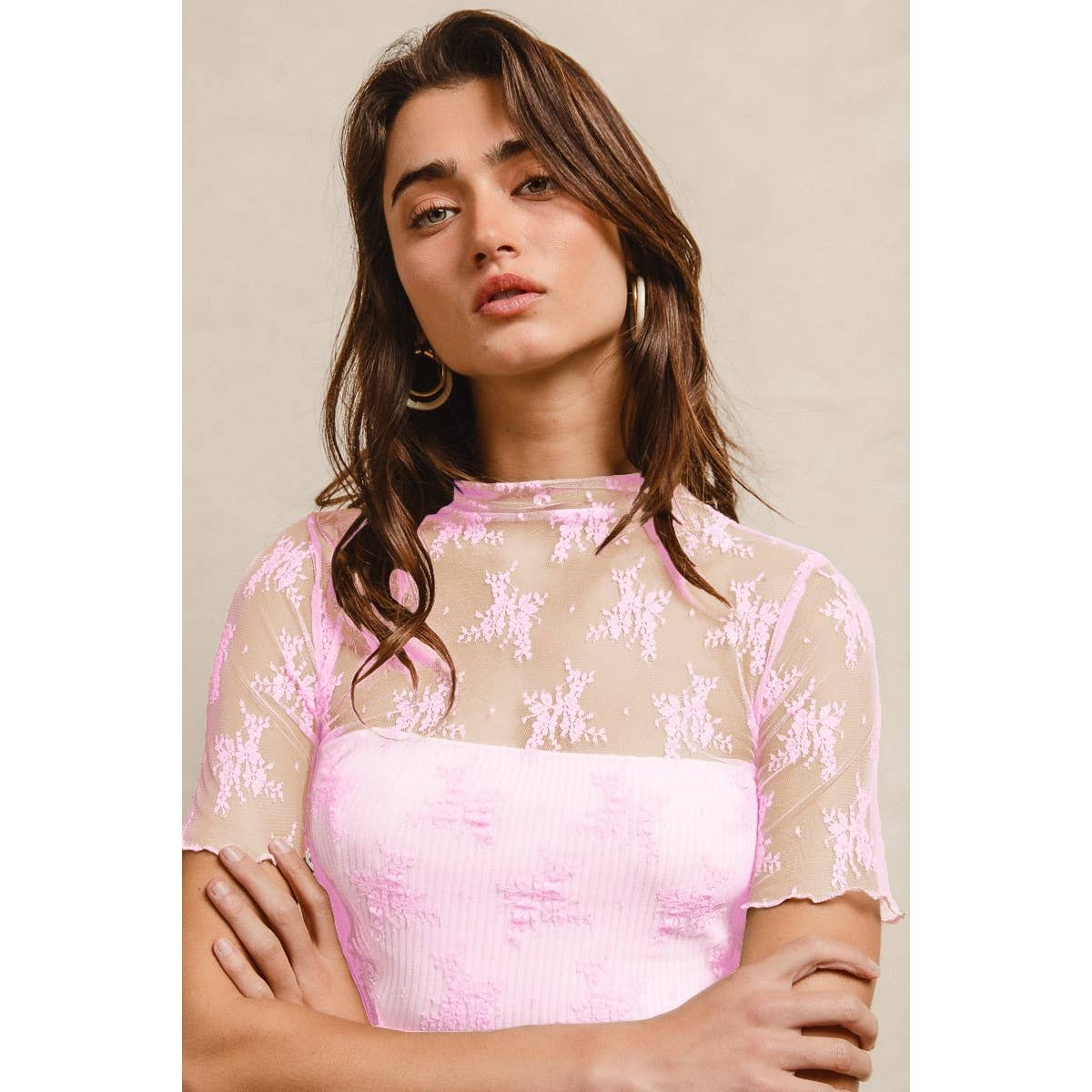HIGH NECKLINE MESH LACE SHORT SLEEVES TOP: OFF WHITE / L
