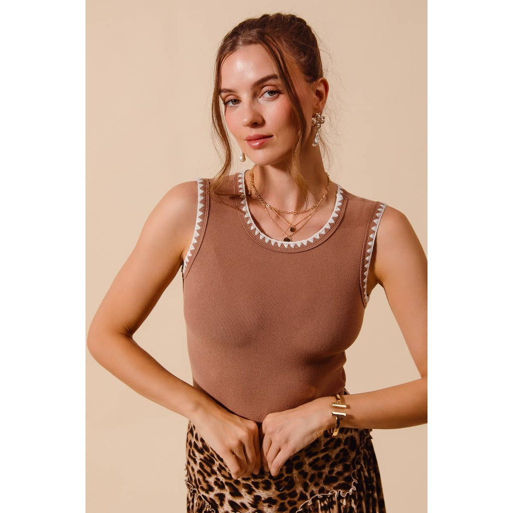 Caramel Contrast Stitch Ribbed Tank