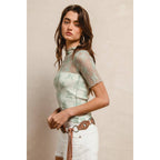HIGH NECKLINE MESH LACE SHORT SLEEVES TOP: OFF WHITE / L